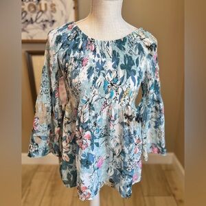 Women's Floral Lightweight Peasant Top - Blue Multi